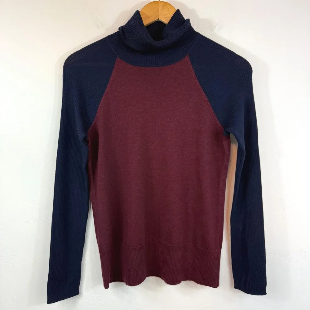 Pendleton Merino Wool Turtleneck Sweater Colorblock Burgundy Navy Preppy P S